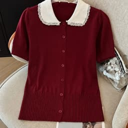 Áo Len Dệt Kim Nữ Tay Ngắn Cổ Sen Viền Ren Cài Nút Tay Phồng Màu Vàng Kem Thanh Lịch EvaLover 3