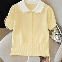 Áo Len Dệt Kim Nữ Tay Ngắn Cổ Sen Viền Ren Cài Nút Tay Phồng Màu Vàng Kem Thanh Lịch EvaLover 5