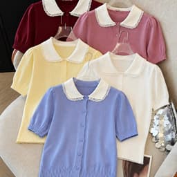Áo Len Dệt Kim Nữ Tay Ngắn Cổ Sen Viền Ren Cài Nút Tay Phồng Màu Vàng Kem Thanh Lịch EvaLover 2