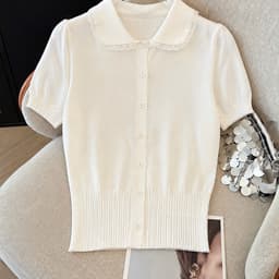 Áo Len Dệt Kim Nữ Tay Ngắn Cổ Sen Viền Ren Cài Nút Tay Phồng Màu Vàng Kem Thanh Lịch EvaLover 6
