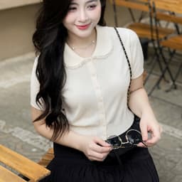 Áo Len Dệt Kim Nữ Tay Ngắn Cổ Sen Viền Ren Cài Nút Tay Phồng Màu Vàng Kem Thanh Lịch EvaLover 1