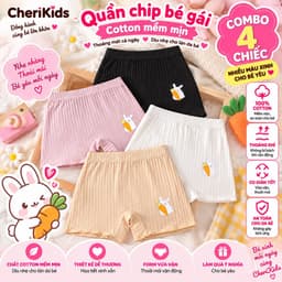 Combo 4 quần chíp đùi cotton gân tăm tre họa tiết Thỏ Cà Rốt cho bé gái, quần đùi bảo hộ thoáng mát co giãn  Cherikids 1
