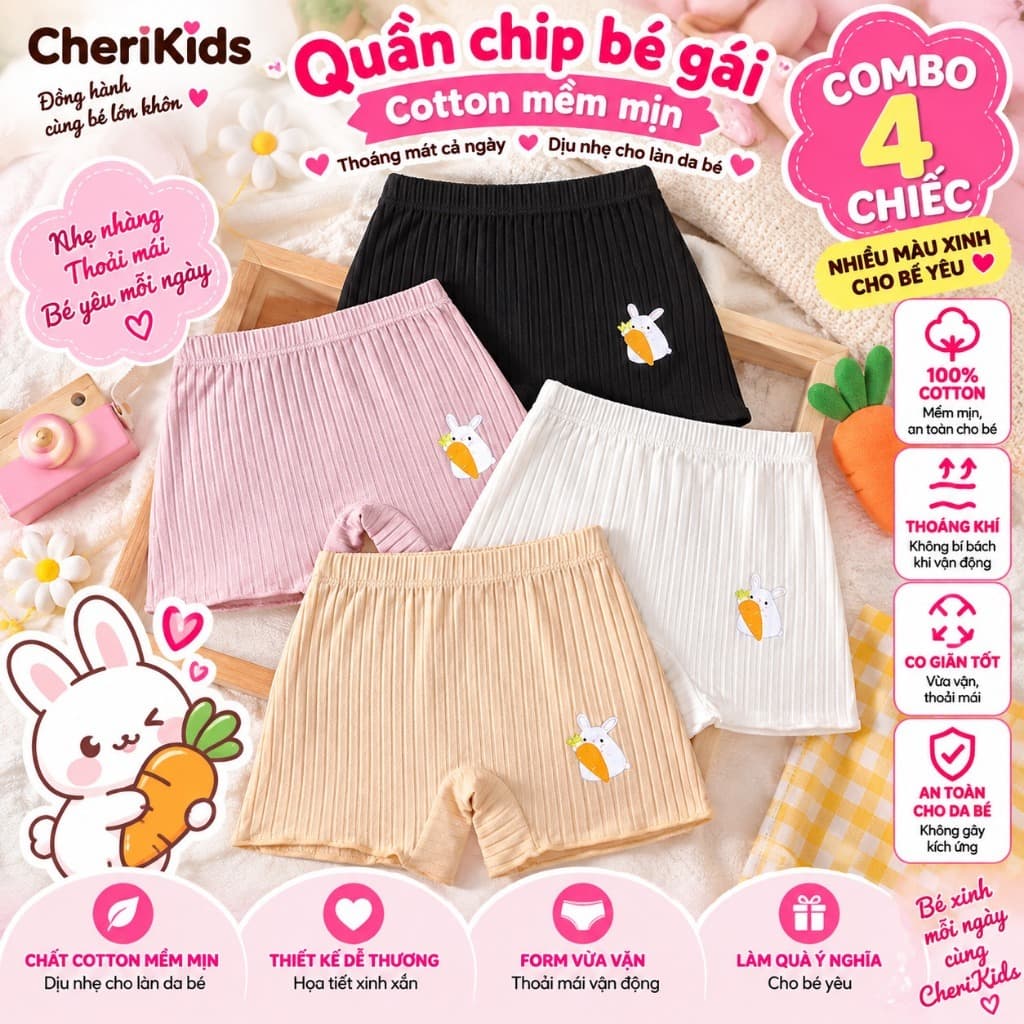 Combo 4 quần chíp đùi cotton gân tăm tre họa tiết Thỏ Cà Rốt cho bé gái, quần đùi bảo hộ thoáng mát co giãn  Cherikids