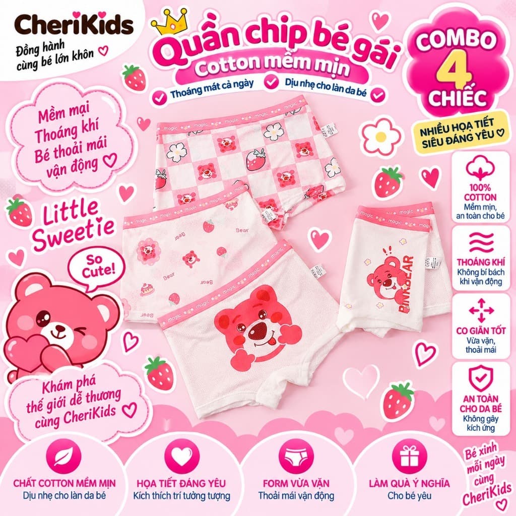 Combo 4 quần chíp đùi GẤU DÂU chất mát lạnh DẠNG LƯỚI cho bé gái dễ thương, quần lót tam giác cotton thoáng mát co giãn