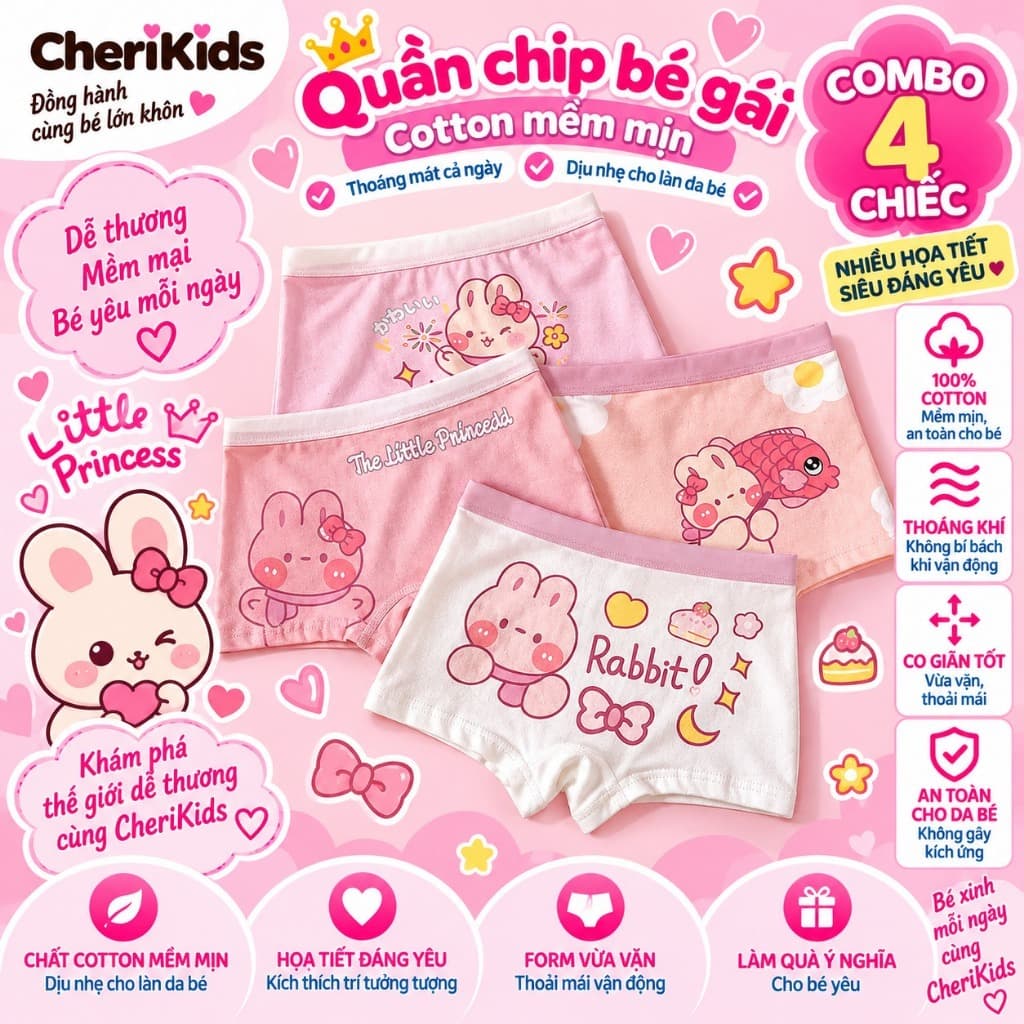 Combo 4 quần chíp đùi cho bé gái họa tiết Thỏ cá vàng, quần lót tam giác cotton thoáng mát co giãn Cherikids