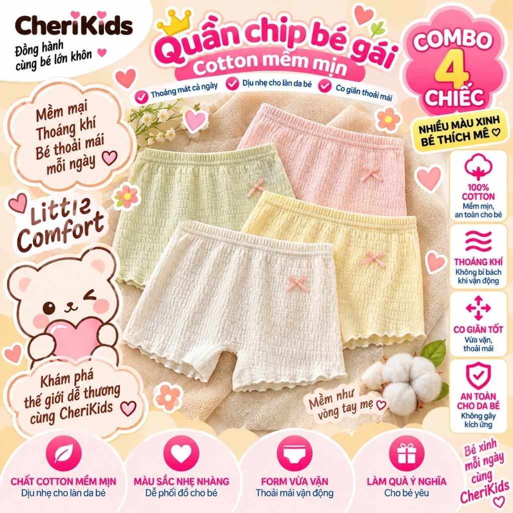 Combo 4 quần chíp đùi cotton gân tăm Nơ Xinh cho bé gái, quần đùi bảo hộ thoáng mát co giãn Cherikids