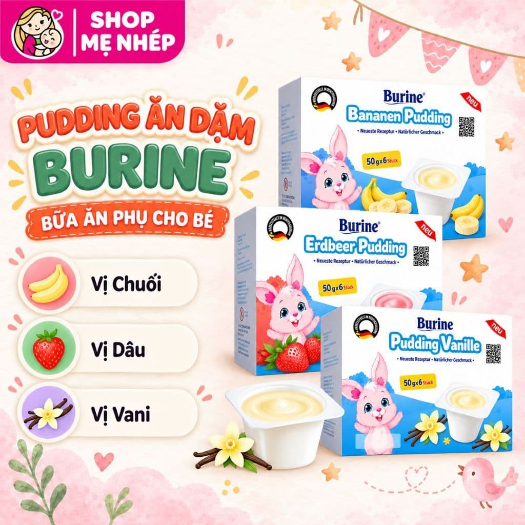 Pudding ăn dặm Burine đủ 3 vị Vani, Chuối, Dâu Cho bé từ 6 tháng tuổi