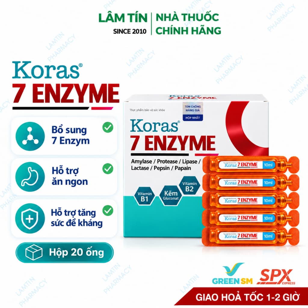✅(Chính Hãng) 7 ENZYMES Koras cải thiện biếng ăn còi xương suy dinh dưỡng, giúp trẻ ăn ngon, hấp thu, Hộp 20 ống