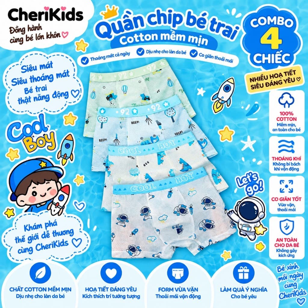 Combo 4 quần chíp đùi dạng lưới họa tiết Phi Hành Gia dễ thương cho bé trai quần lót thoáng khí chất thun lạnh Cherikids
