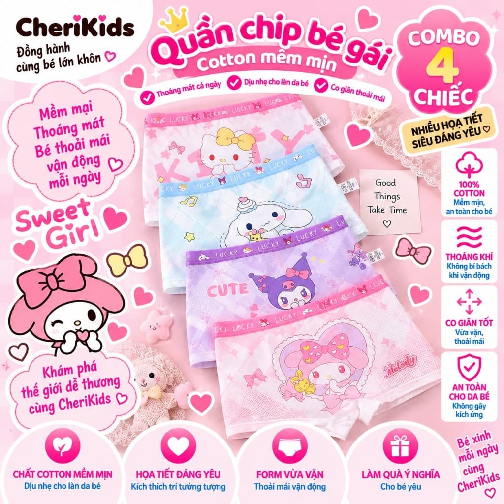 (SIÊU MÁT) Combo 4 quần chíp đùi cho bé gái họa tiết Princess Hồng Lưới dễ thương, quần lót tam giác mềm mịn thoáng khí