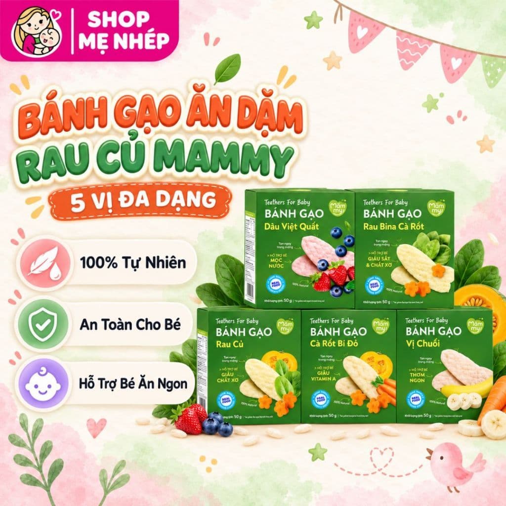 Bánh gạo ăn dặm rau củ Mămmy giúp bé tập nhau bổ sung dinh dưỡng, hỗ trợ tiêu hóa cho bé 7 tháng