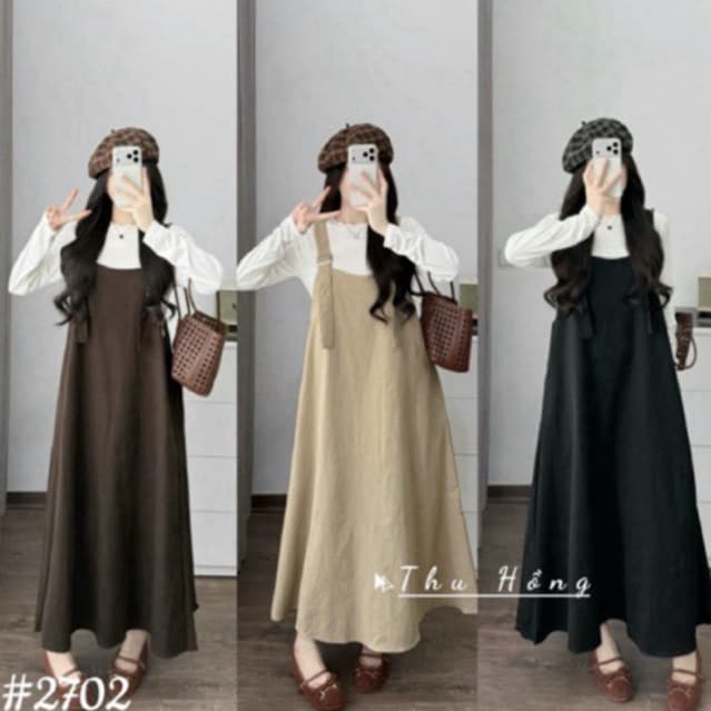 <Đầm Bầu Quynhanhhoue> (QC) #2702 Set váy yếm kèm áo thun Free sz nâu/be/đen Bầu bí bon chen