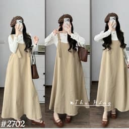 <Đầm Bầu Quynhanhhoue> (QC) #2702 Set váy yếm kèm áo thun Free sz nâu/be/đen Bầu bí bon chen 2