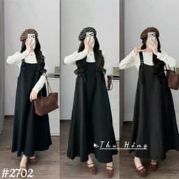 <Đầm Bầu Quynhanhhoue> (QC) #2702 Set váy yếm kèm áo thun Free sz nâu/be/đen Bầu bí bon chen 3