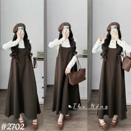 <Đầm Bầu Quynhanhhoue> (QC) #2702 Set váy yếm kèm áo thun Free sz nâu/be/đen Bầu bí bon chen 4