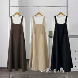 <Đầm Bầu Quynhanhhoue> (QC) #2702 Set váy yếm kèm áo thun Free sz nâu/be/đen Bầu bí bon chen 5