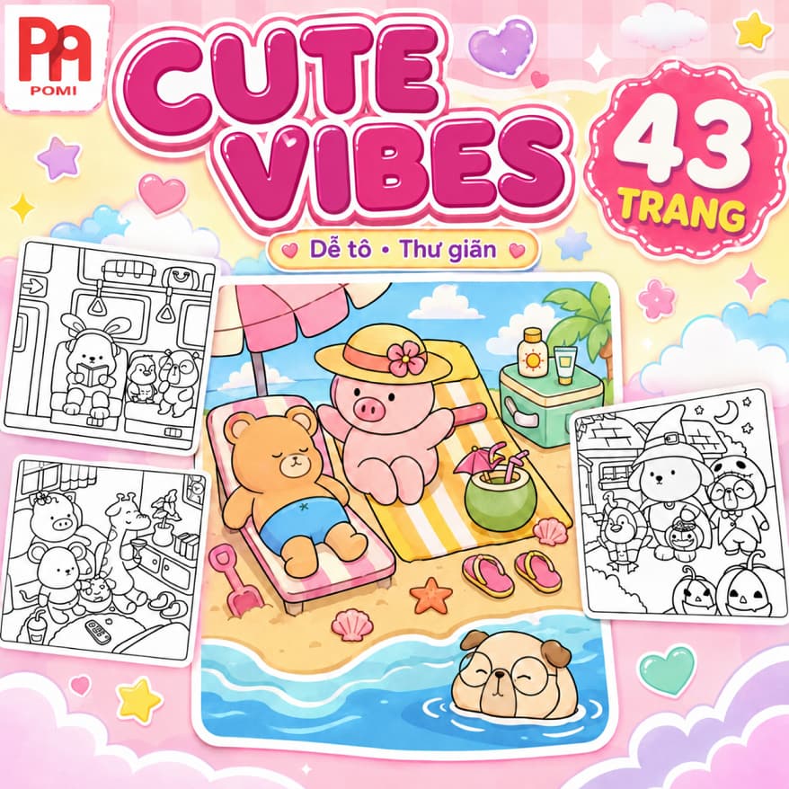Bộ Tranh Tô Màu Động Vật Cute Vibes Comfy 43 Mẫu nét to dễ tô dành cho trẻ em, người lớn - POMI