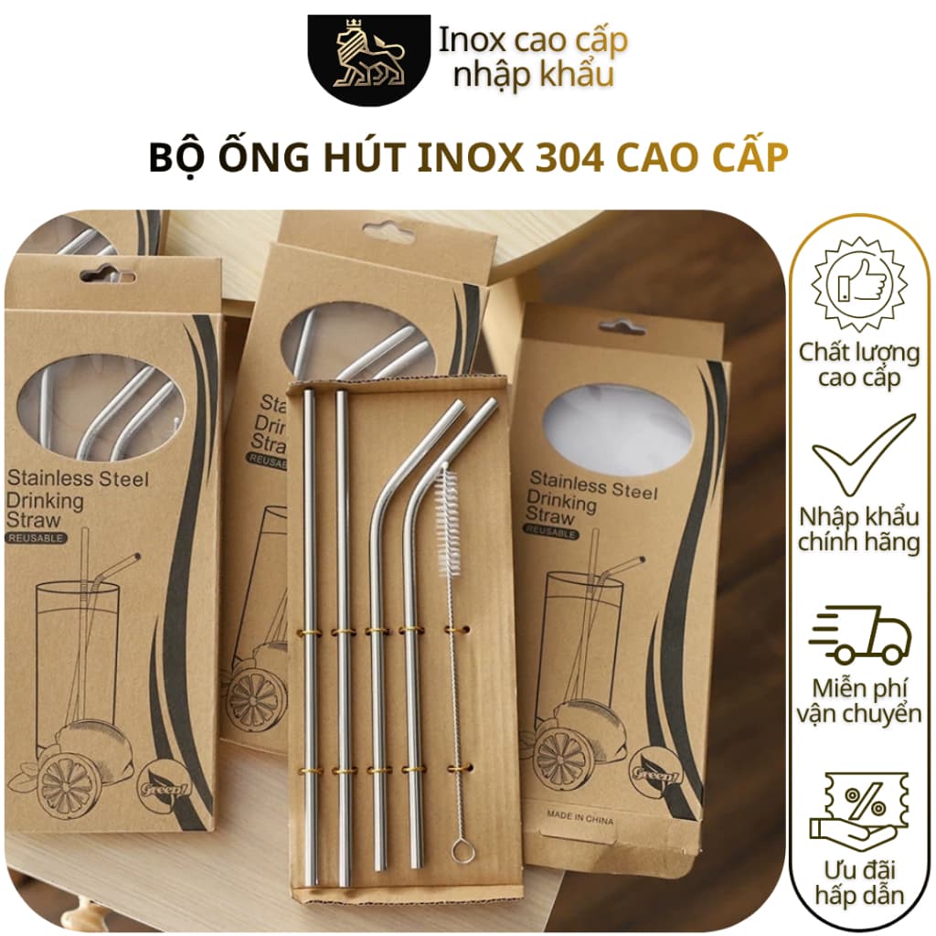 Bộ ống hút inox 304 cao cấp kèm que cọ rửa
