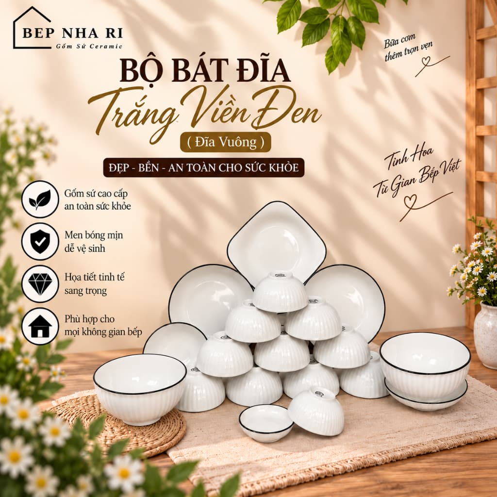 [ BepNhaRi ] Bộ Bát Đĩa Gốm Sứ Trắng Viền Đen ( Đĩa Vuông ) - SỰ KẾT HỢP HOÀN HẢO GIỮA SANG TRỌNG VÀ TINH TẾ