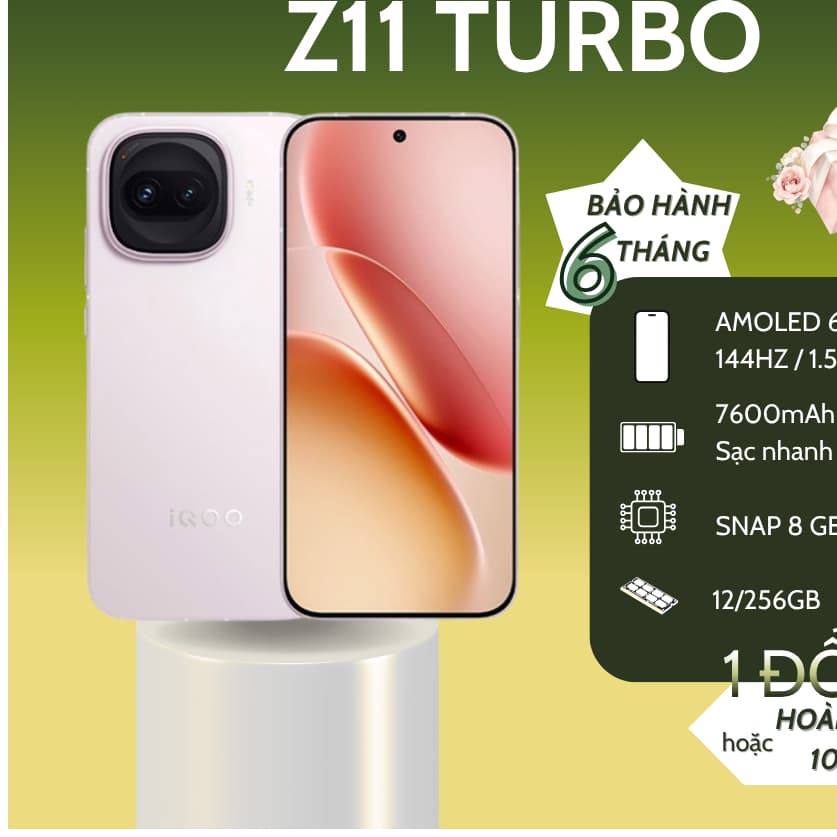 IQOO Z11 Turbo, ram 12/256GB, chip SNAP 8 GEN 5 mạnh mẽ, Fullbox qua sd 