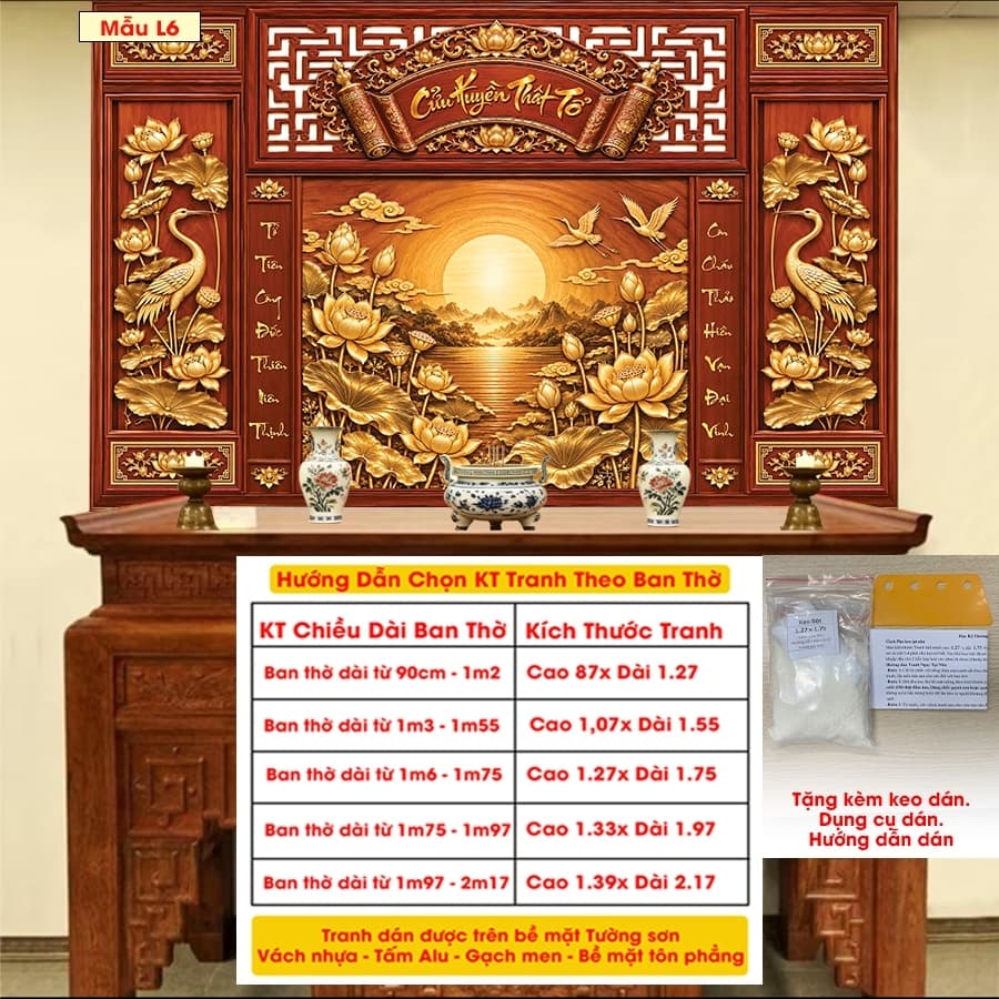 Tranh Cửu Huyền Dán Tường Ban Thờ Trang Nghiêm Dễ Dán - Vải lụa kim tuyến-Tặng keo dán hướng dẫn dán