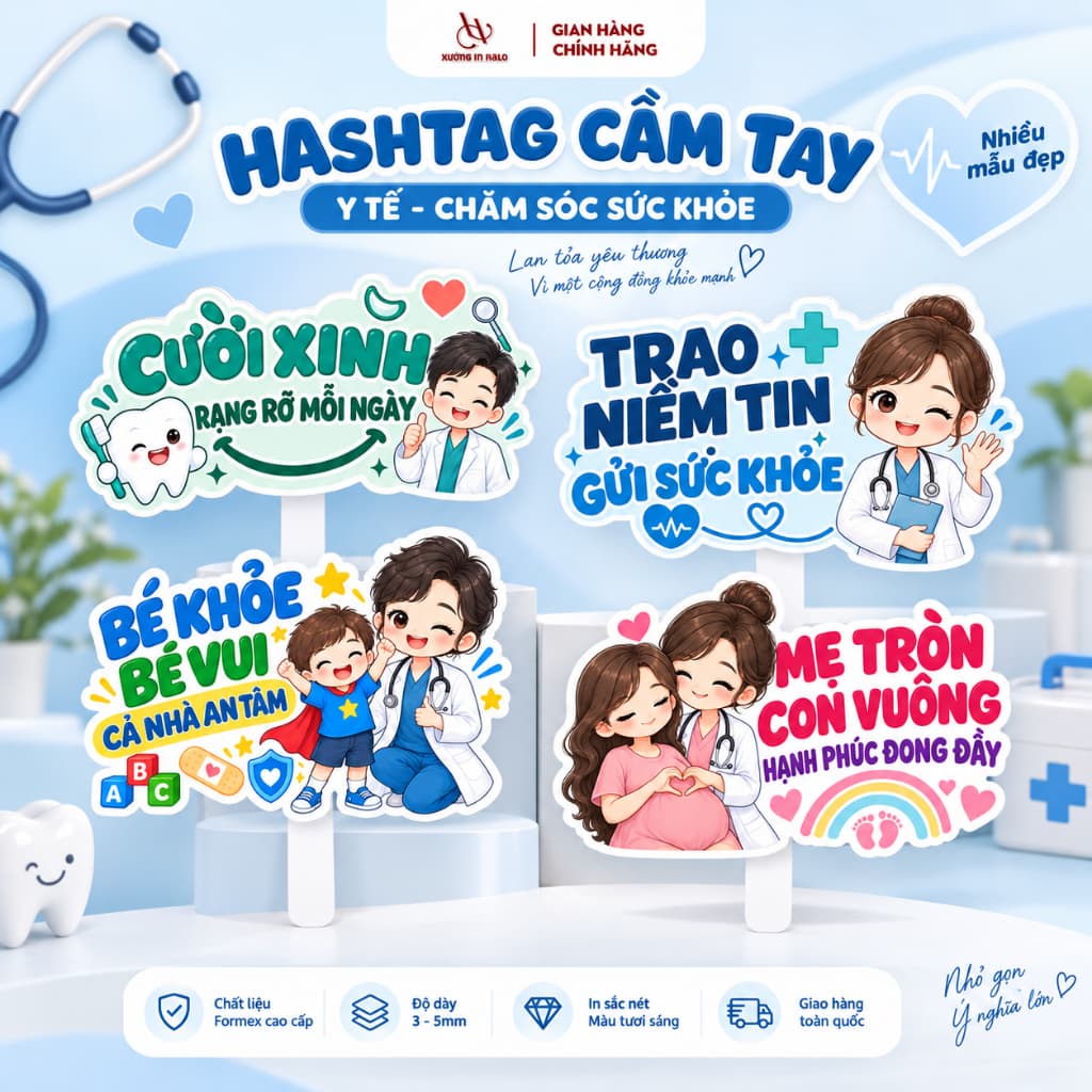 Combo Hashtag Khai Trương, Hashtag Y Tế, Sức Khỏe, Chụp Ảnh Phòng Khám, Nha Khoa, Nhà Thuốc, Có Sẵn Tay Cầm - Xưởng In