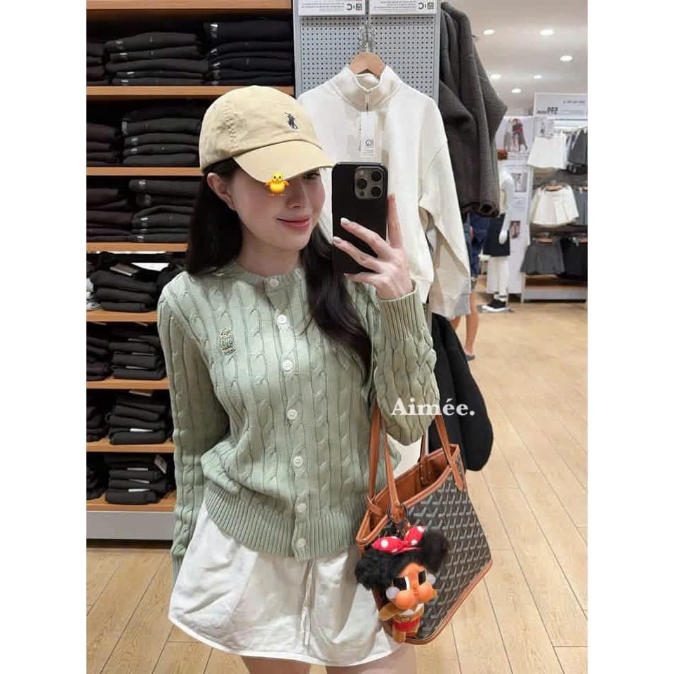 𝟏𝟒𝐚𝐦.𝐬𝐭𝐮𝐝𝐢𝐨 | Áo Khoác Cardigan Len Vặn Thừng Cổ Tròn Thêu Gấu Polo Phong Cách Hàn Quốc Thu Đông Aimée