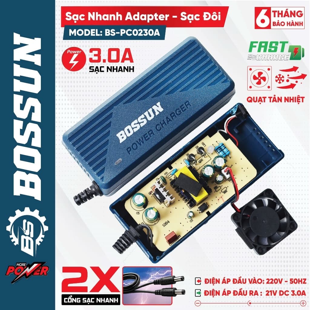 Sạc Đôi Adapter, Sạc Nhanh 3 Ah BS BOSSUN BS-PC0230A, Có Quạt Tản Nhiệt, 2 Cổng Sạc Bản Mạch To