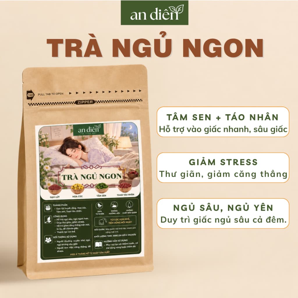 Trà ngủ ngon, trà tâm sen gạo lứt, trà tim sen hỗ trợ an thần, ngủ ngon, sâu giấc, hỗ trợ mất ngủ, thanh nhiệt