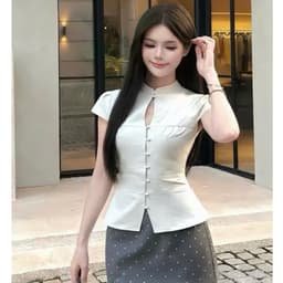 Sét áo kem chân váy xám chấm bi JARI chất liệu ruby dày mềm mịn thiết kế năng động trẻ trung đi học,đi chơi...full size 2