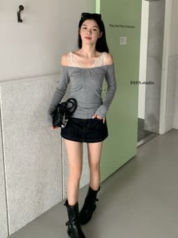 ENEN Áo Thun Nữ Trễ Vai Tay Dài Phối Ren Bèo Nhún Nữ Tính Khoe Vai Thanh Lịch 10823 8