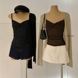 ENEN Set Áo Cardigan Linen + Áo Hai Dây Croptop Chấm Bi Nhún Chun Thời Trang Nữ Tính 11026 1