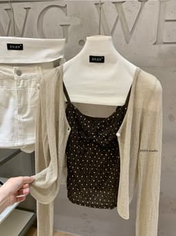 ENEN Set Áo Cardigan Linen + Áo Hai Dây Croptop Chấm Bi Nhún Chun Thời Trang Nữ Tính 11026 5