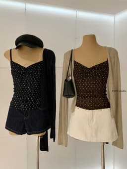 ENEN Set Áo Cardigan Linen + Áo Hai Dây Croptop Chấm Bi Nhún Chun Thời Trang Nữ Tính 11026 2