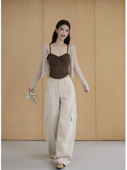ENEN Set Áo Cardigan Linen + Áo Hai Dây Croptop Chấm Bi Nhún Chun Thời Trang Nữ Tính 11026 10