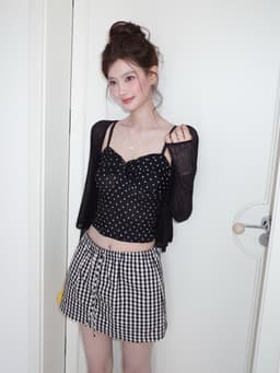 ENEN Set Áo Cardigan Linen + Áo Hai Dây Croptop Chấm Bi Nhún Chun Thời Trang Nữ Tính 11026 3