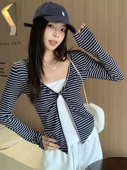 ENEN Áo Thun Nữ Tay Dài  Kẻ Sọc Đen Trắng Vặn Xoắn 2 Lớp, Form Ôm Tôn Dáng Phong Cách Hàn Quốc 11153 6