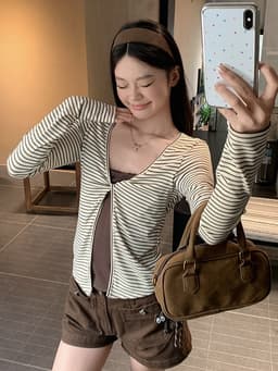 ENEN Áo Thun Nữ Tay Dài  Kẻ Sọc Đen Trắng Vặn Xoắn 2 Lớp, Form Ôm Tôn Dáng Phong Cách Hàn Quốc 11153 9