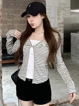 ENEN Áo Thun Nữ Tay Dài  Kẻ Sọc Đen Trắng Vặn Xoắn 2 Lớp, Form Ôm Tôn Dáng Phong Cách Hàn Quốc 11153 8