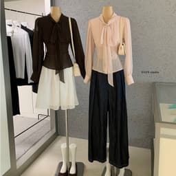 ENEN Áo Sơ Mi Kiểu Nữ Cổ Đứng Chất Voan Chiffon Tay Phồng Chiết Eo Nữ Tính Thanh Lịch 11240 1
