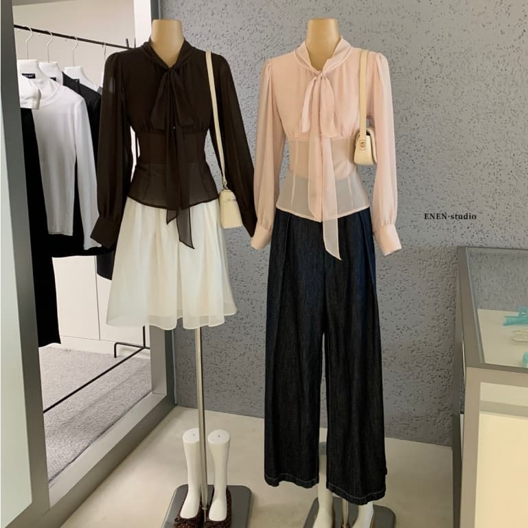 ENEN Áo Sơ Mi Kiểu Nữ Cổ Đứng Chất Voan Chiffon Tay Phồng Chiết Eo Nữ Tính Thanh Lịch 11240