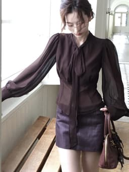 ENEN Áo Sơ Mi Kiểu Nữ Cổ Đứng Chất Voan Chiffon Tay Phồng Chiết Eo Nữ Tính Thanh Lịch 11240 8