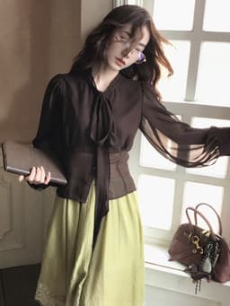 ENEN Áo Sơ Mi Kiểu Nữ Cổ Đứng Chất Voan Chiffon Tay Phồng Chiết Eo Nữ Tính Thanh Lịch 11240 6