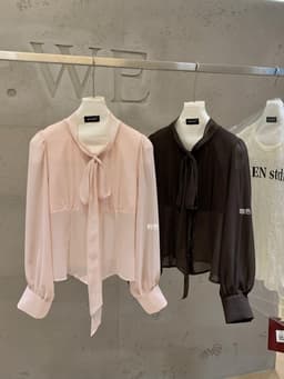 ENEN Áo Sơ Mi Kiểu Nữ Cổ Đứng Chất Voan Chiffon Tay Phồng Chiết Eo Nữ Tính Thanh Lịch 11240 5