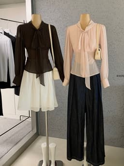 ENEN Áo Sơ Mi Kiểu Nữ Cổ Đứng Chất Voan Chiffon Tay Phồng Chiết Eo Nữ Tính Thanh Lịch 11240 2