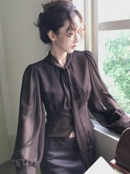 ENEN Áo Sơ Mi Kiểu Nữ Cổ Đứng Chất Voan Chiffon Tay Phồng Chiết Eo Nữ Tính Thanh Lịch 11240 7