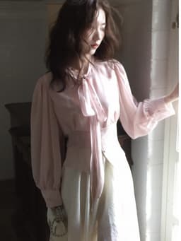 ENEN Áo Sơ Mi Kiểu Nữ Cổ Đứng Chất Voan Chiffon Tay Phồng Chiết Eo Nữ Tính Thanh Lịch 11240 9