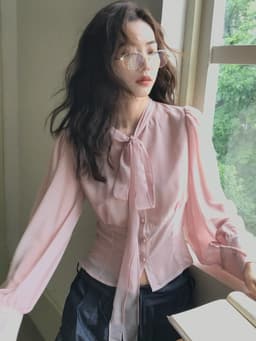 ENEN Áo Sơ Mi Kiểu Nữ Cổ Đứng Chất Voan Chiffon Tay Phồng Chiết Eo Nữ Tính Thanh Lịch 11240 10
