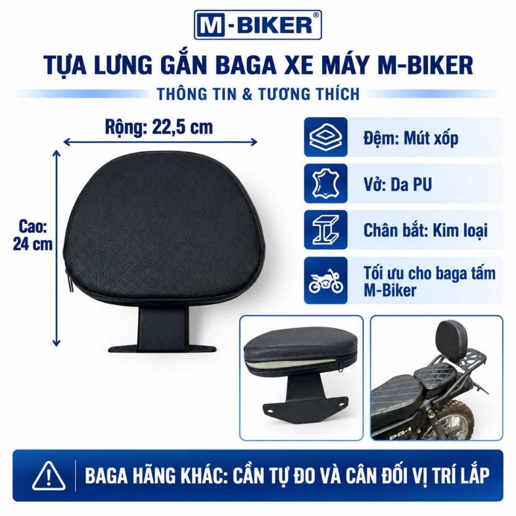 Tựa lưng xe máy M-Biker gắn baga tấm, đệm mút da PU cho người ngồi sau