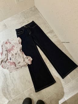 ENEN Quần Jeans Nữ Ống Loe Cạp Thấp Xanh Đậm Retro, Form  Ôm Tôn Dáng Thời Trang 11040 5